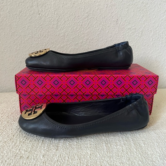 GUC Tory Burch Navy Minnie Flats with Signature Gold Logo Sz 8 - Picture 3 of 9